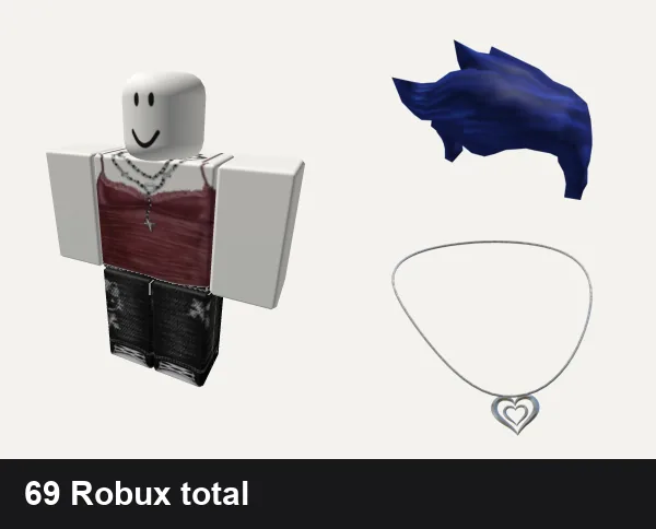 Y2K outfit under 100 Robux: Y2k cute red tank top, black y2k cyber star jeans dahood cross rot envy, True Blue Hair, Y2K Heart Necklace